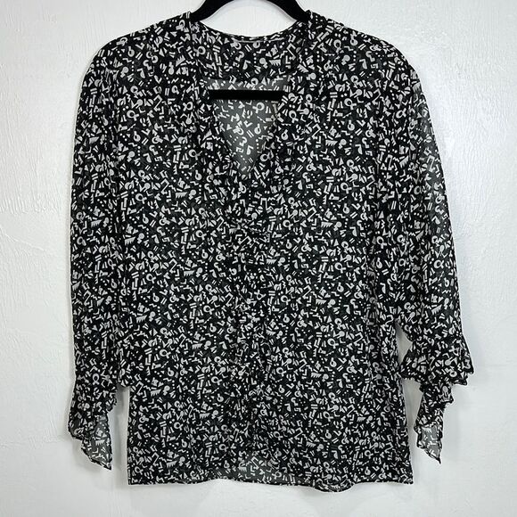Chic Abstract Print Black And White 7/8 Length Top Blouse Size M - Picture 1 of 8